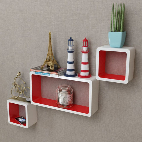 3 White-Red MDF Floating Wall Display Shelf Cubes Book/DVD Storage