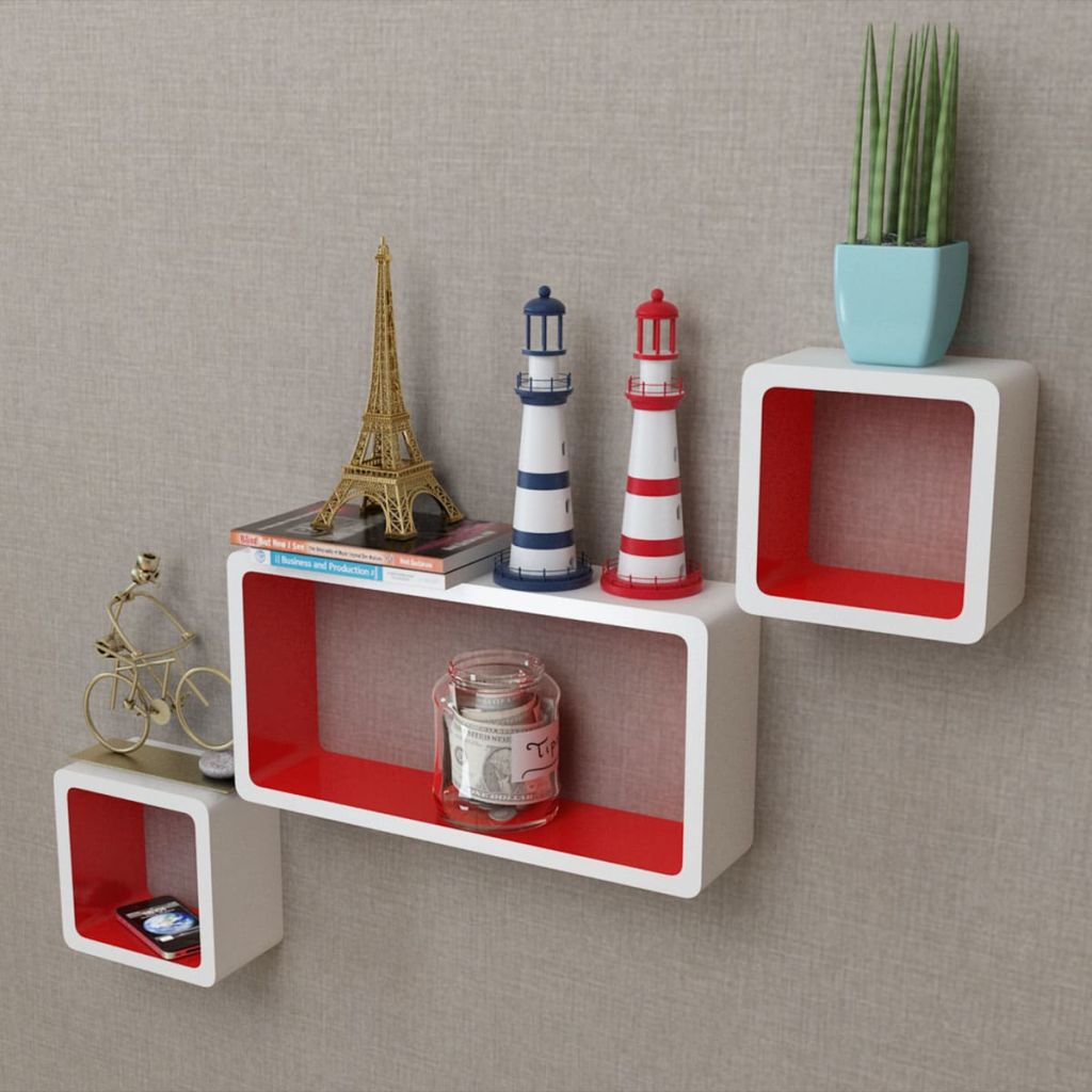 3 White-Red MDF Floating Wall Display Shelf Cubes Book/DVD Storage