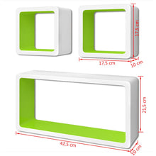 Load image into Gallery viewer, 3 White-Green MDF Floating Wall Display Shelf Cubes Book/DVD Storage