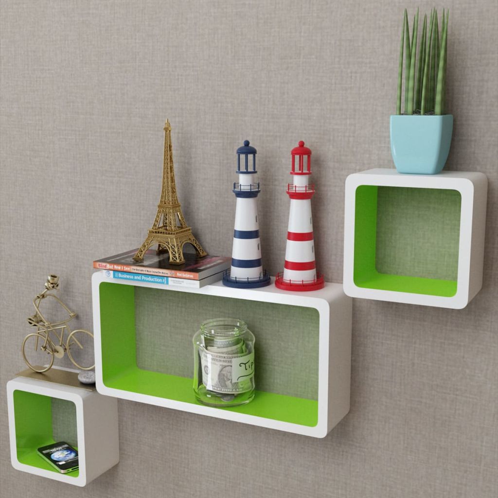 3 White-Green MDF Floating Wall Display Shelf Cubes Book/DVD Storage