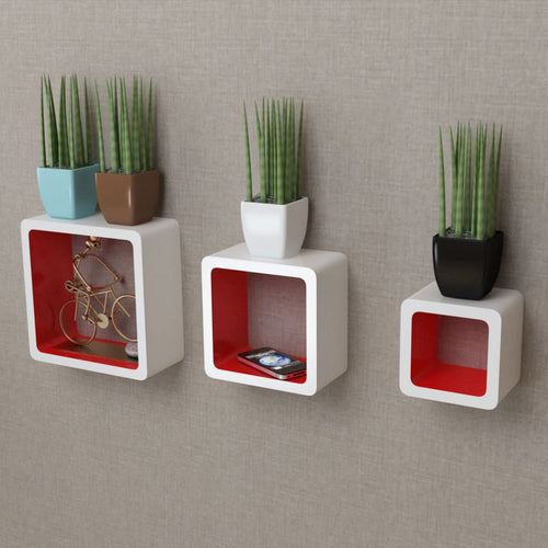 3 White-Red MDF Floating Wall Display Shelf Cubes Book/DVD Storage