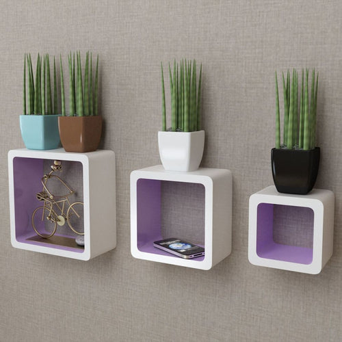 3 White-Purple MDF Floating Wall Display Shelf Cubes Book/DVD Storage