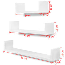 Load image into Gallery viewer, 3 White MDF U-Shaped Floating Wall Display Shelves Book/DVD Storage