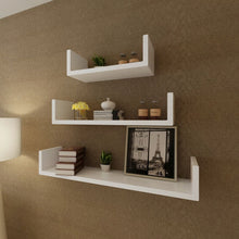 Load image into Gallery viewer, 3 White MDF U-Shaped Floating Wall Display Shelves Book/DVD Storage