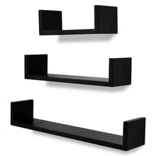 Load image into Gallery viewer, 3 Black MDF U-Shaped Floating Wall Display Shelves Book/DVD Storage
