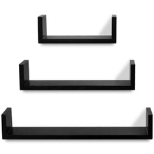 Load image into Gallery viewer, 3 Black MDF U-Shaped Floating Wall Display Shelves Book/DVD Storage
