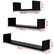 Load image into Gallery viewer, 3 Black MDF U-Shaped Floating Wall Display Shelves Book/DVD Storage