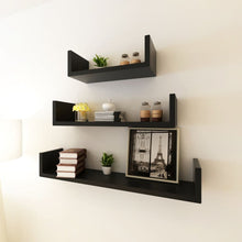 Load image into Gallery viewer, 3 Black MDF U-Shaped Floating Wall Display Shelves Book/DVD Storage