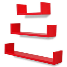 Load image into Gallery viewer, 3 Red MDF U-Shaped Floating Wall Display Shelves Book/DVD Storage