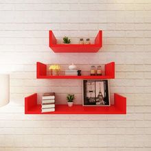 Load image into Gallery viewer, 3 Red MDF U-Shaped Floating Wall Display Shelves Book/DVD Storage