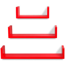 Load image into Gallery viewer, 3 Red MDF U-Shaped Floating Wall Display Shelves Book/DVD Storage