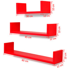 Load image into Gallery viewer, 3 Red MDF U-Shaped Floating Wall Display Shelves Book/DVD Storage
