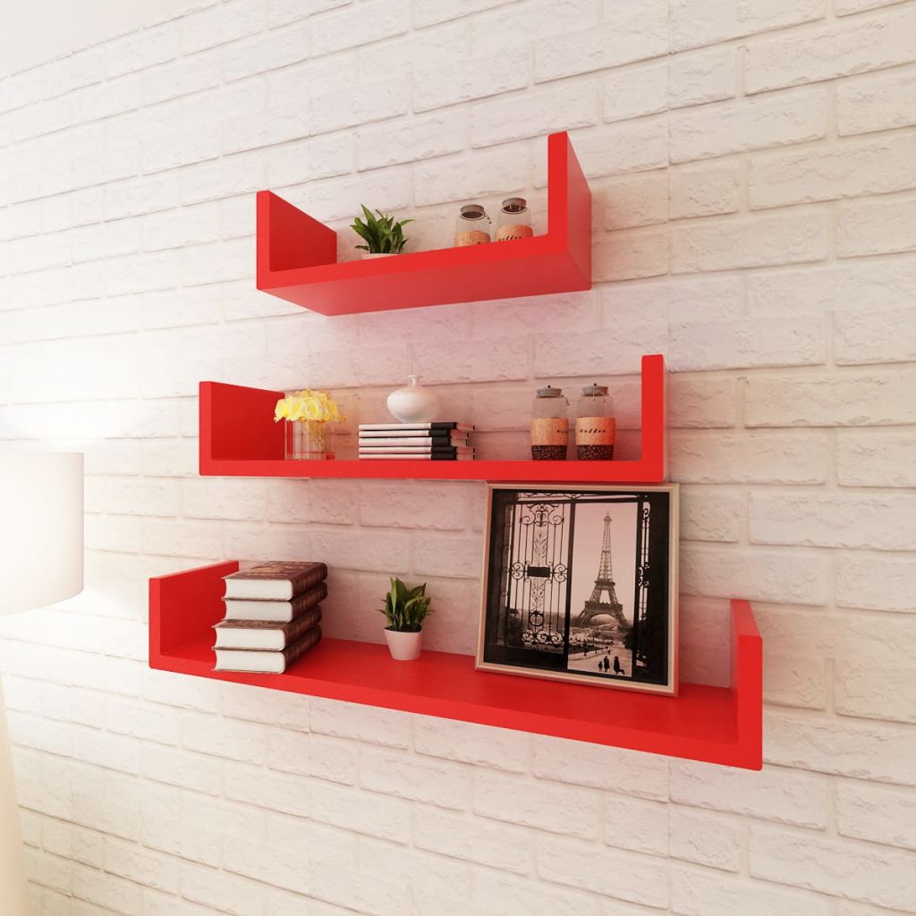 3 Red MDF U-Shaped Floating Wall Display Shelves Book/DVD Storage