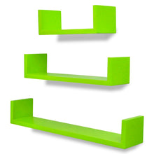 Load image into Gallery viewer, 3 Green MDF U-Shaped Floating Wall Display Shelves Book/DVD Storage
