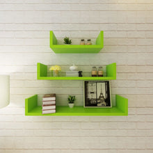 Load image into Gallery viewer, 3 Green MDF U-Shaped Floating Wall Display Shelves Book/DVD Storage