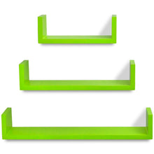 Load image into Gallery viewer, 3 Green MDF U-Shaped Floating Wall Display Shelves Book/DVD Storage