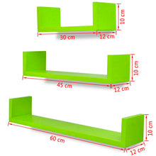 Load image into Gallery viewer, 3 Green MDF U-Shaped Floating Wall Display Shelves Book/DVD Storage