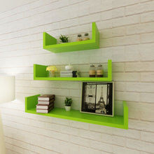Load image into Gallery viewer, 3 Green MDF U-Shaped Floating Wall Display Shelves Book/DVD Storage