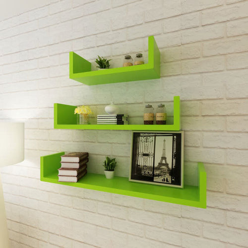 3 Green MDF U-Shaped Floating Wall Display Shelves Book/DVD Storage