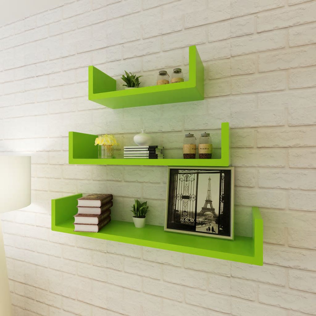 3 Green MDF U-Shaped Floating Wall Display Shelves Book/DVD Storage