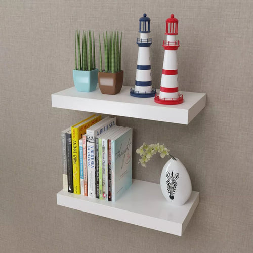 2 White MDF Floating Wall Display Shelves Book/DVD Storage